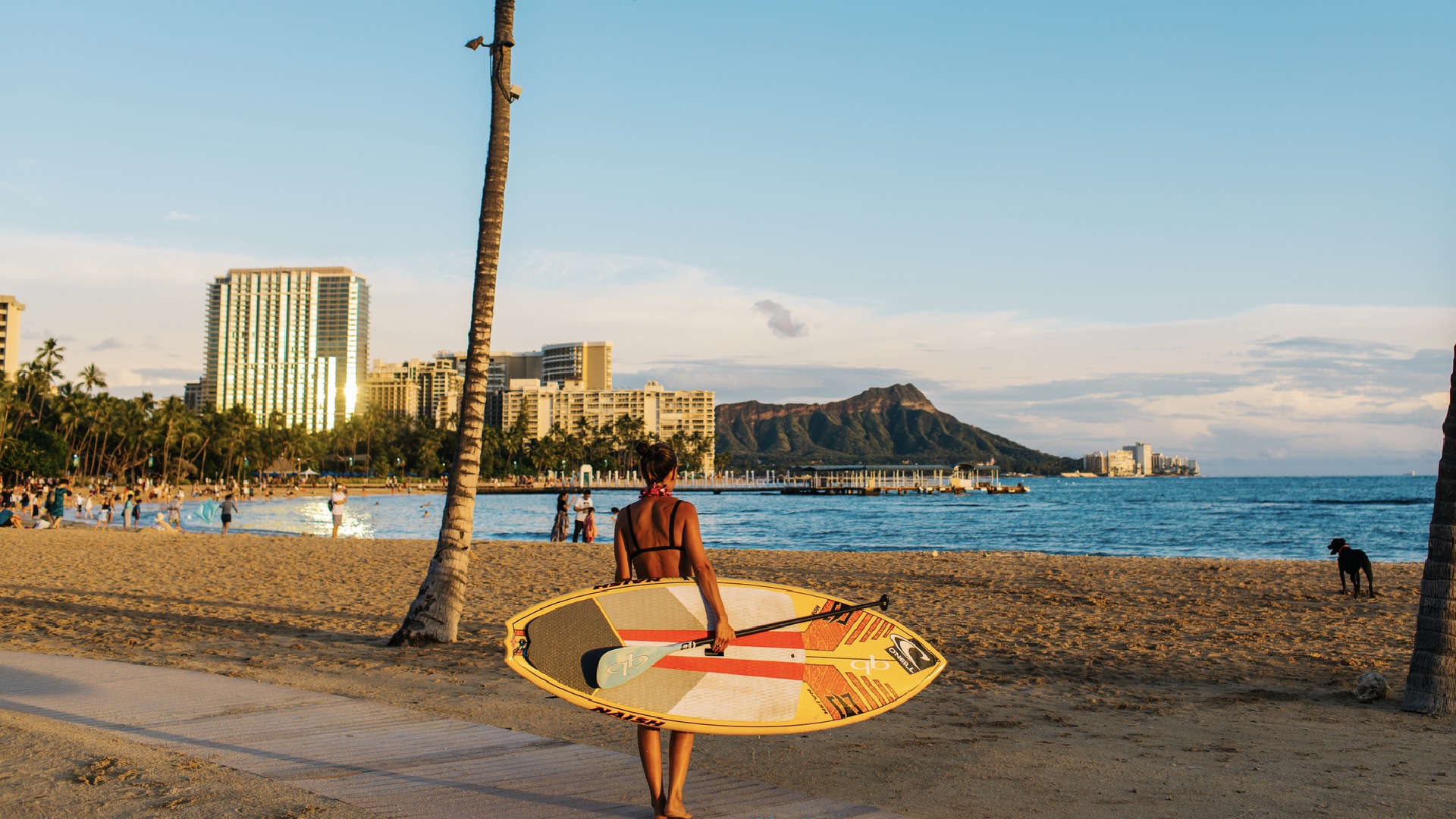 A woman holding a surfboard and paddle board overlooking Waikiki Beach and Diamond Head views in Honolulu, Hawaii.