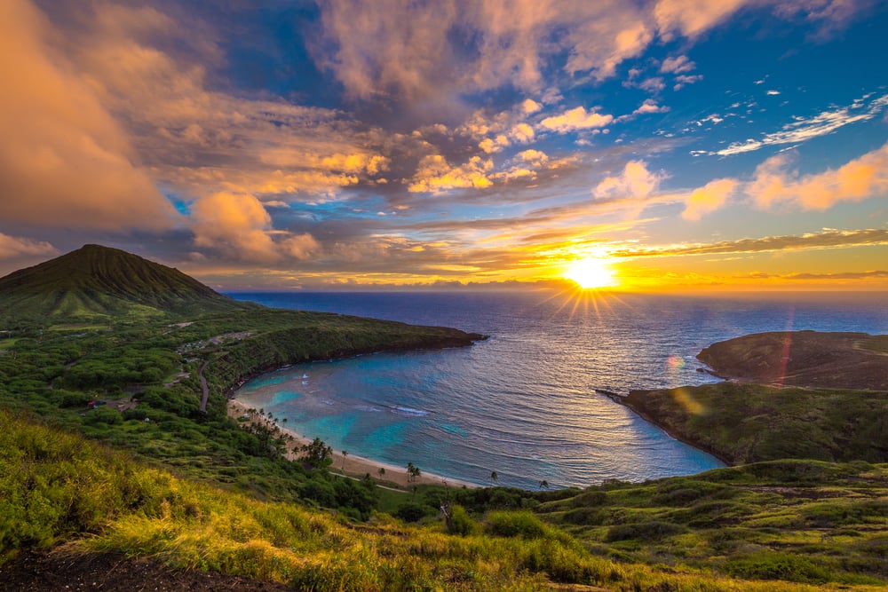 View of the sunrise from Hanauma Hike on Oahu, Hawaii.