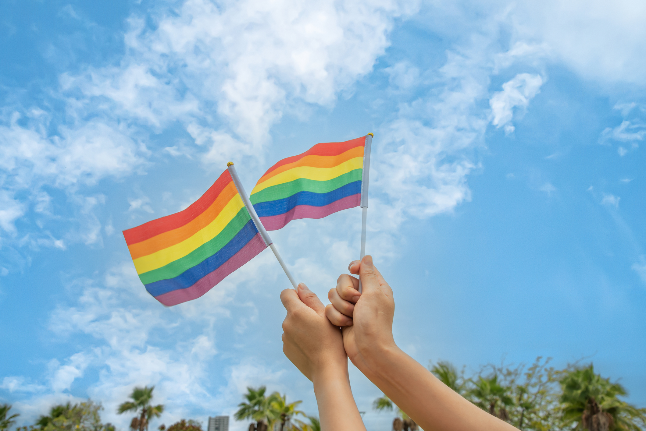 Pride flags being held up in front of a blue sky