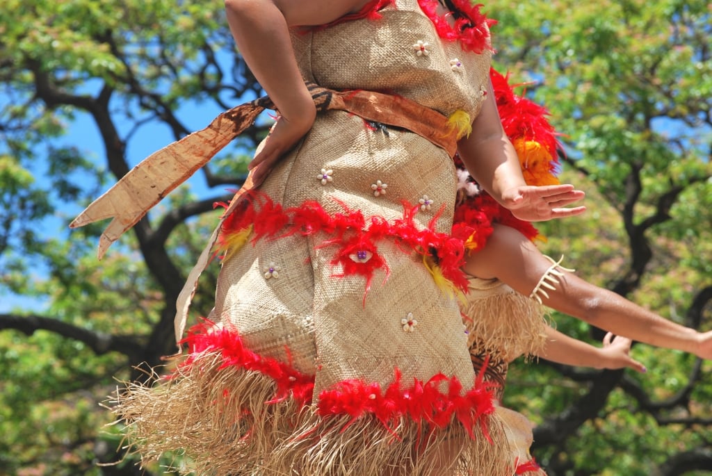 Details of a Polynesian costume. Image was taken during a street performance in Waikiki, Hawaii.