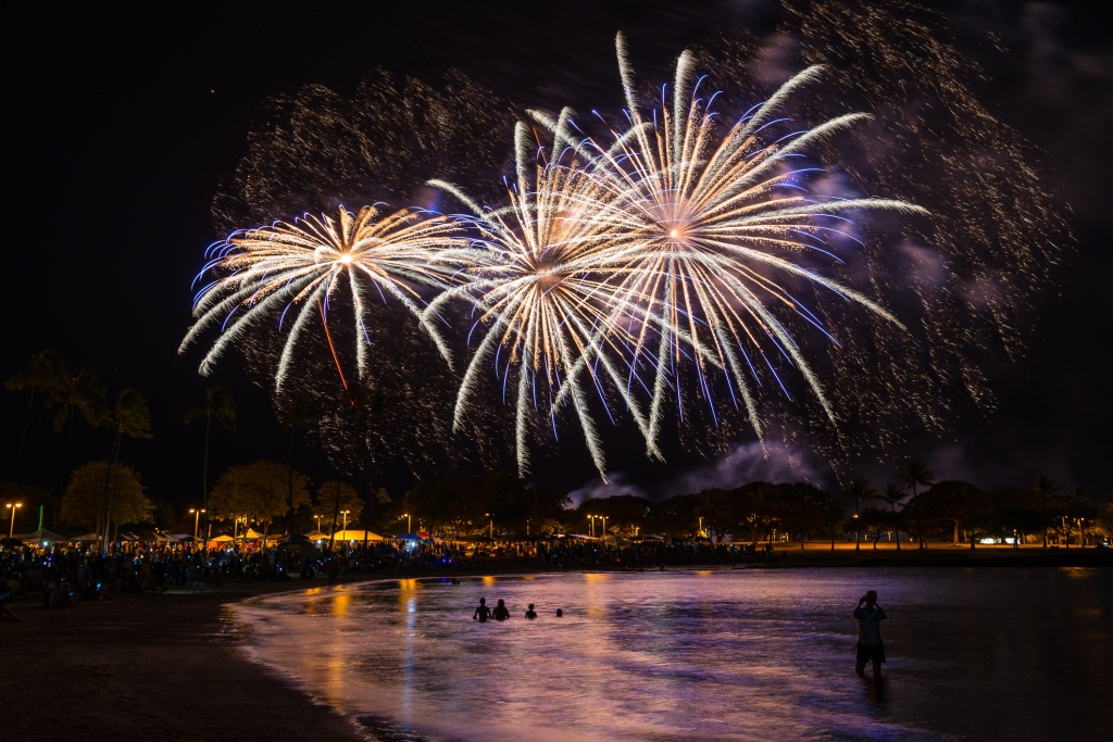 Fireworks light up the sky during Hawaii’s largest fireworks display on the Fourth of July at Ala Moana Beach Park in Honolulu on Oahu.