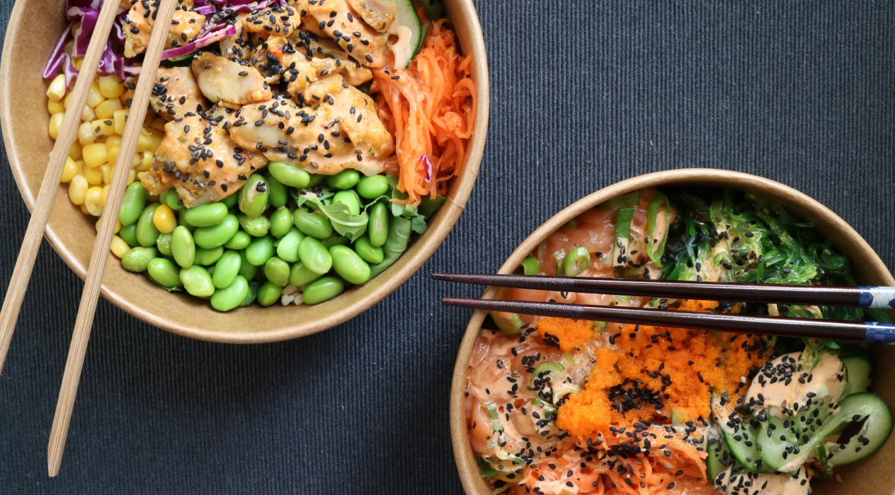 chicken teriyak poke with salmon poke in a grey background