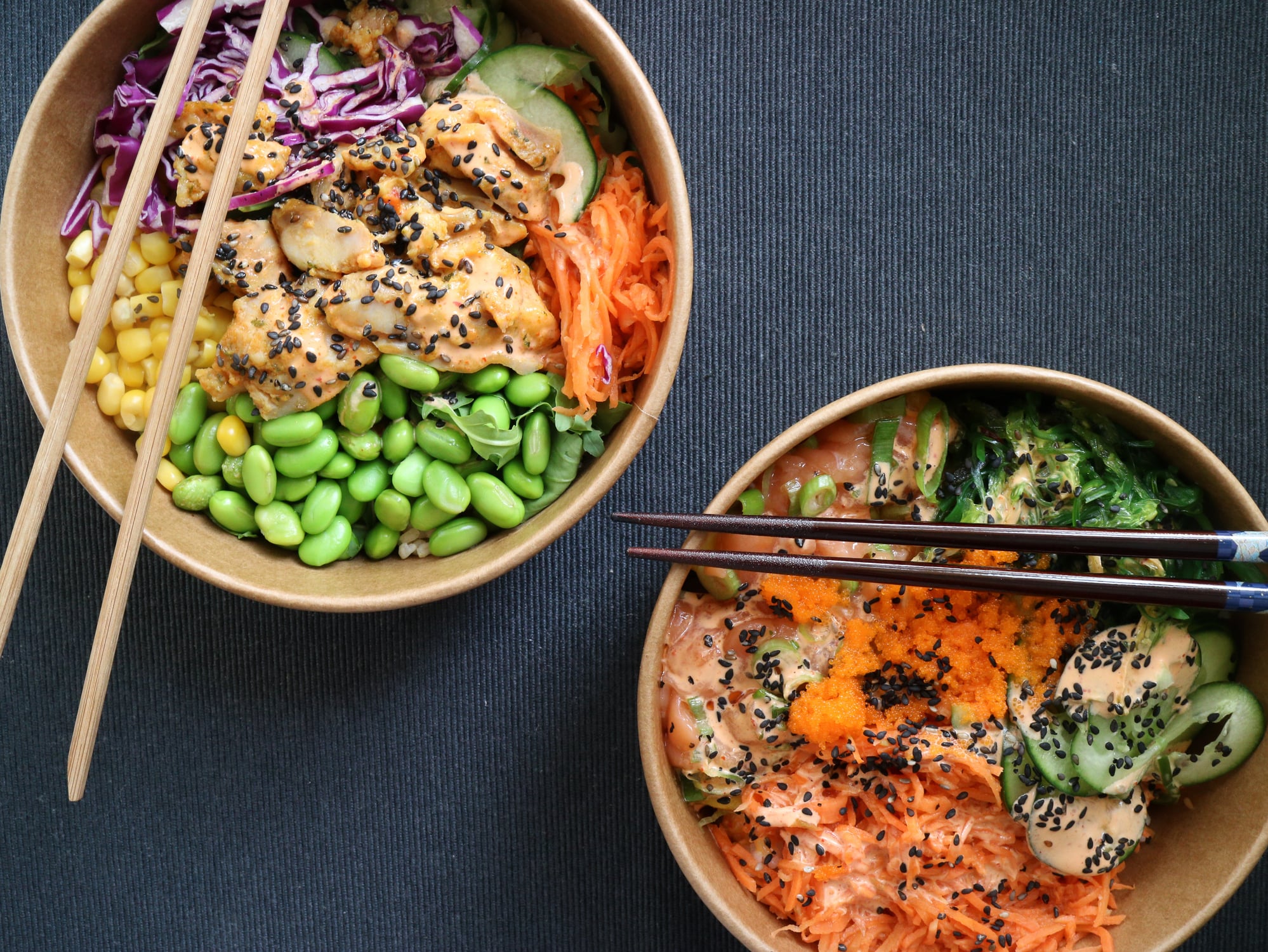 chicken teriyak poke with salmon poke in a grey background